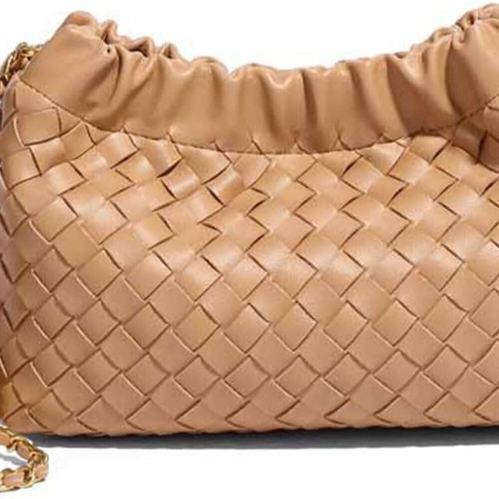 Apricot woven leather dumpling bag with straps, evening clutch, crossbody style